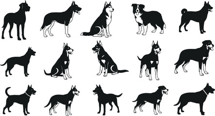 Dog silhouette collection, domestic pet illustration, various dog breeds vector, black canine design, puppy animal background, isolated hound shape artwork