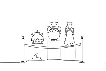Single one line drawing several jars displayed on podium with ropes attached to poles. A rare vase from the Chinese imperial era. International Museum Day. Continuous line design graphic illustration