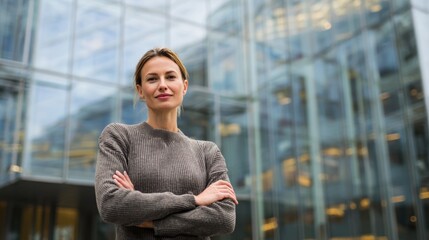 Fototapeta premium Confident businesswoman standing in front of a modern glass building, showcasing professionalism and determination.
