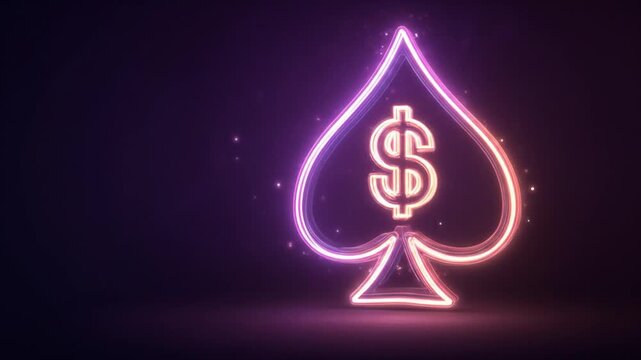 Neon spade symbol with dollar sign illuminating against dark backdrop