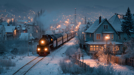 Night train passing through snowy village illuminated by soft lights