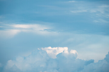 White fluffy cumulus clouds podium on blue sky with empty space background.Beauty cosmetic product placement pedestal present promotion minimal stand display,dreamy concept.