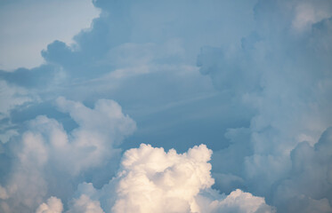 White fluffy cumulus clouds podium on blue sky with empty space background.Beauty cosmetic product placement pedestal present promotion minimal stand display,dreamy concept.