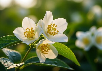 Closeup of delicate white jasmine flowers with yellow centers, glistening with dew drops in the soft morning sunlight