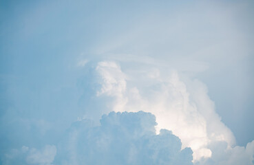 White fluffy cumulus clouds podium on blue sky with empty space background.Beauty cosmetic product placement pedestal present promotion minimal stand display,dreamy concept.