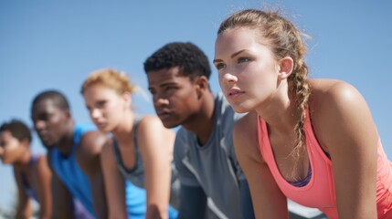 Diverse athletes prepare to race, showcasing determination and teamwork on a sunny day.