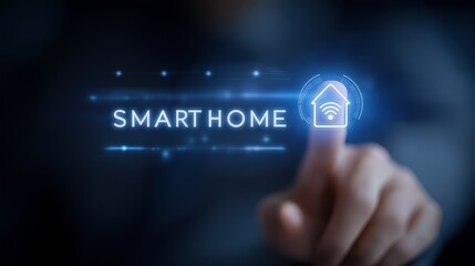 User finger taps glowing smart home with Wi-Fi symbol image with digital overlay. WiFi house futuristic HUD photography conceptual. Innovation housing concept photo realistic