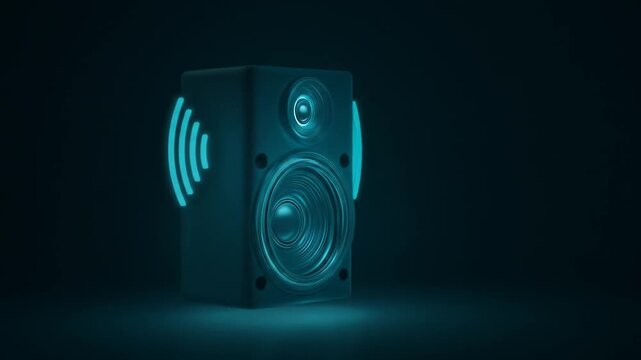 Modern audio speaker with sound waves glowing in dark environment