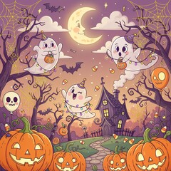 Cute Halloween ghosts with pumpkins and haunted house illustration in spooky night