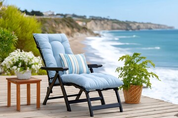 Fototapeta premium Deck chair facing ocean views on a sunny day