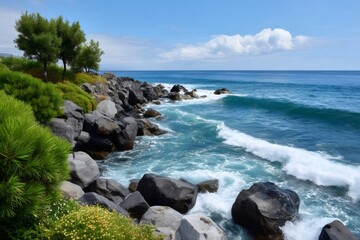 Rocky coastline with blue ocean waves splashing
