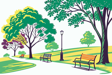 Obraz premium Colorful park scene with benches and trees on white background