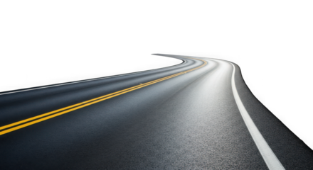 Winding asphalt road with yellow and white lines transportation background isolat