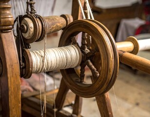 Close-up of antique wooden loom