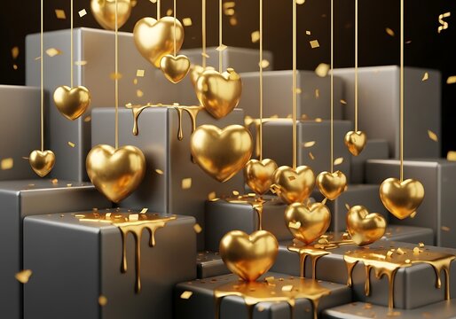 Golden heart shapes dripping with liquid gold, arranged on tiered geometric platforms with falling confetti, symbolizing love and wealth - Powered by Adobe