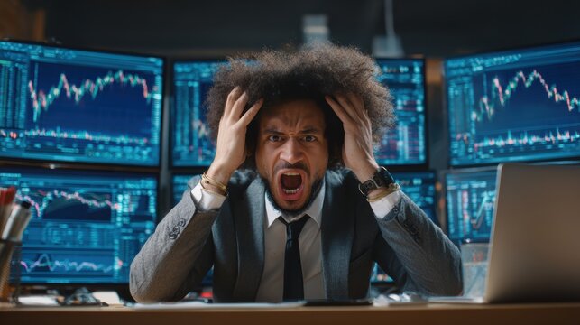 Stressed businessman overwhelmed by financial data on multiple screens in a modern office. - Powered by Adobe