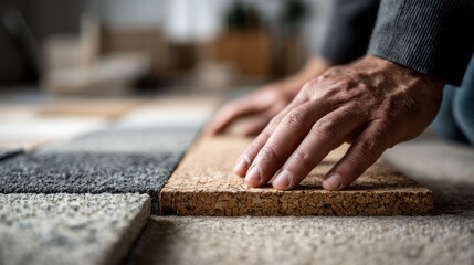 Detailed medium shot of hands pressing cork sound dampening tiles into place with sharp details on texture contrasted by a softly blurred room setting.