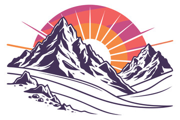 Colorful sunrise behind jagged purple mountains nature