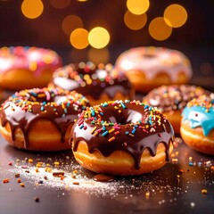 Close-up of assorted donuts with chocolate and colorful frostings