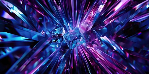 Crystal shards burst with blue and purple light. Art installation, background