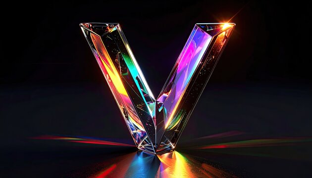 Crystal Letter "V" on Surface; light reflection; 3D render for graphic design