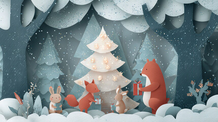 森のクリスマスツリーの前でプレゼントを渡す動物