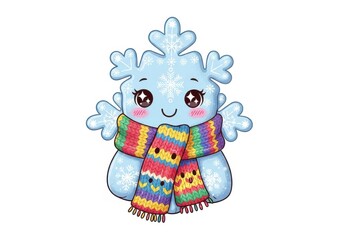 Naklejka premium Cute cartoon snowflake character wearing a colorful striped knitted scarf winter