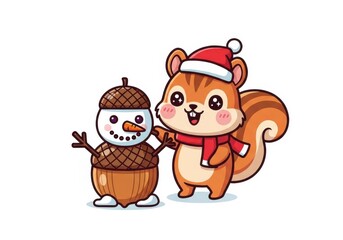 Fototapeta premium Cute cartoon squirrel wearing santa hat and scarf with acorn snowman christmas winter