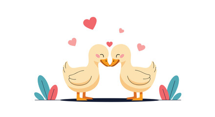 Two adorable cartoon ducks sharing a sweet kiss surrounded by floating hearts and greenery.