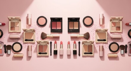 Makeup cosmetics arranged on pink background with brushes and lipsticks  