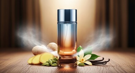 Fragrance bottle surrounded by ginger and vanilla on wooden surface  
