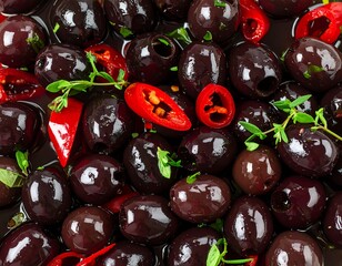 Close-up of black olives with red peppers and herbs