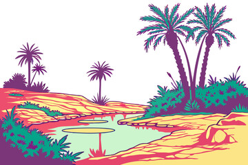Desert oasis with palm trees and colorful reflections 3