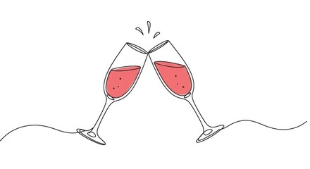 Minimal one-line art of two rose champagne glasses clinking. Vector drawing with editable black outlines and pink liquid on a white background.
