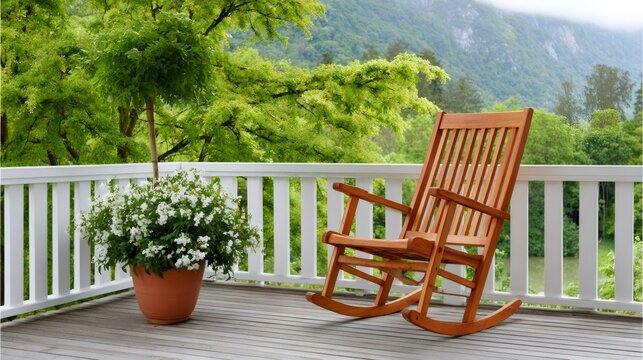 Wooden rocking chair relaxing on outdoor porch balcony