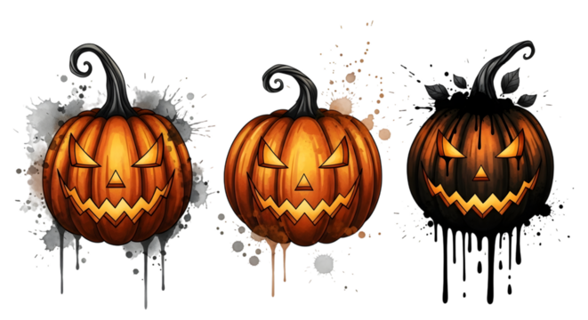 Three carved pumpkins with spooky faces and paint splatters isolated on transparent background