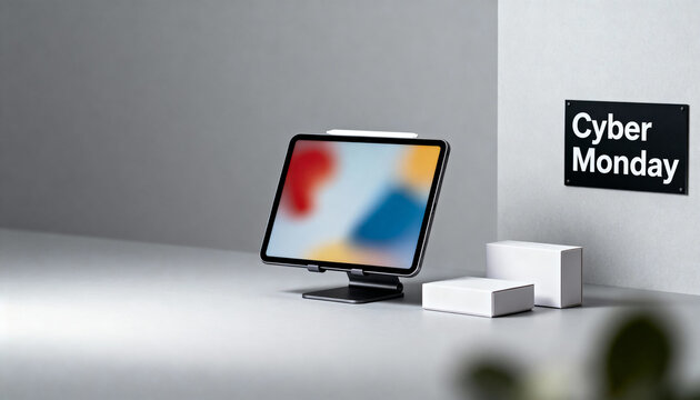 Minimalist workspace with tablet on stand, plain boxes and Cyber Monday sign on wall, representing e-commerce promotions, technology innovation, and seasonal digital shopping campaigns.