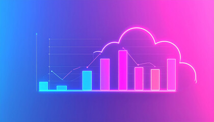 Obraz premium Generated image of a neon cloud icon with bar and line charts, glowing gradient background, symbolizing data analytics, cloud computing and digital storage, square 16:9.