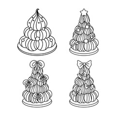Set of four Christmas tree cream puff cakes outline for coloring book. Vector line art.