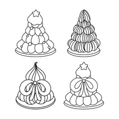 Four cute Christmas tree cakes outline for coloring book. Xmas tiered desserts decorated with cream, bows, and a star topper. Vector doodle line art for holidays.