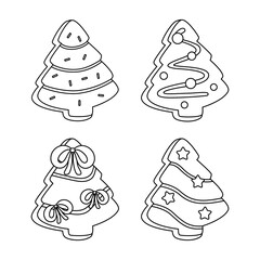 Set of four Christmas tree gingerbread cookies outline for coloring book. 