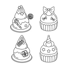 Cute Christmas and New Year celebration cakes set, including festive cupcakes, Xmas tree cakes with candy, stars, bows, and party hats. Vector outline art for coloring book.