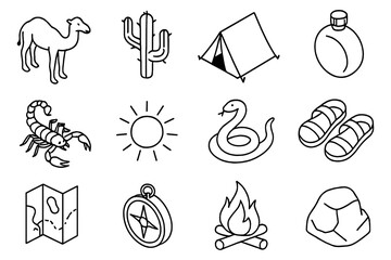 Simple nature and adventure icons set in black outline style