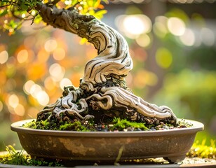Close-up of bonsai tree trunk and roots