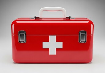 Obraz premium Red first aid kit with white cross symbol, isolated on white background