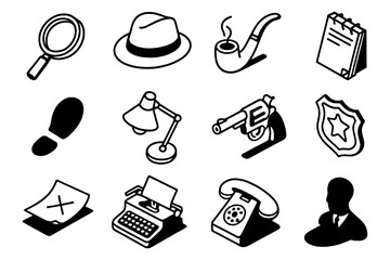 Detective icons: retro themed mystery solving objects in black and white