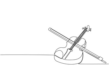 Continuous one line drawing violin with its bow. Musical instruments of various genres. Singing soothing classical music. Harmony. Sound. World Fiddle Day. Single line draw design vector illustration © Simple Line