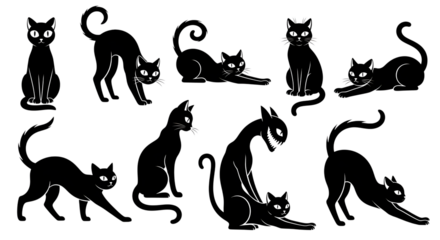 Collection of black cat silhouettes in various poses isolated on transparent background