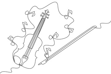 Obraz premium Continuous one line drawing violin with strings and around it there are many scattered musical note signs. Produces harmonious tones. World Fiddle Day. Single line draw design vector illustration