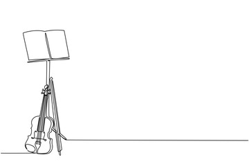 Single continuous line drawing violin with its strings leaning against the note stand. The violinist put down the instrument to rest. Composer. World Fiddle Day. One line design vector illustration © Simple Line